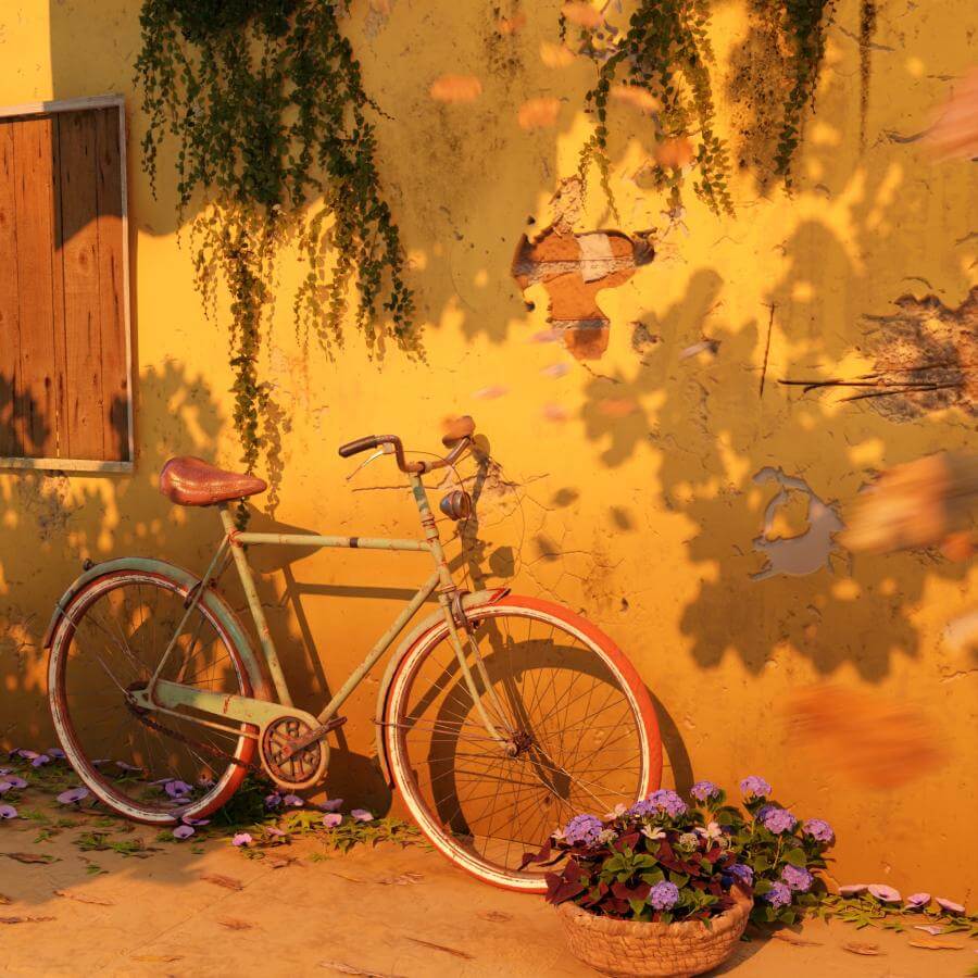 3D场景之鲜花小巷里的年代感自行车