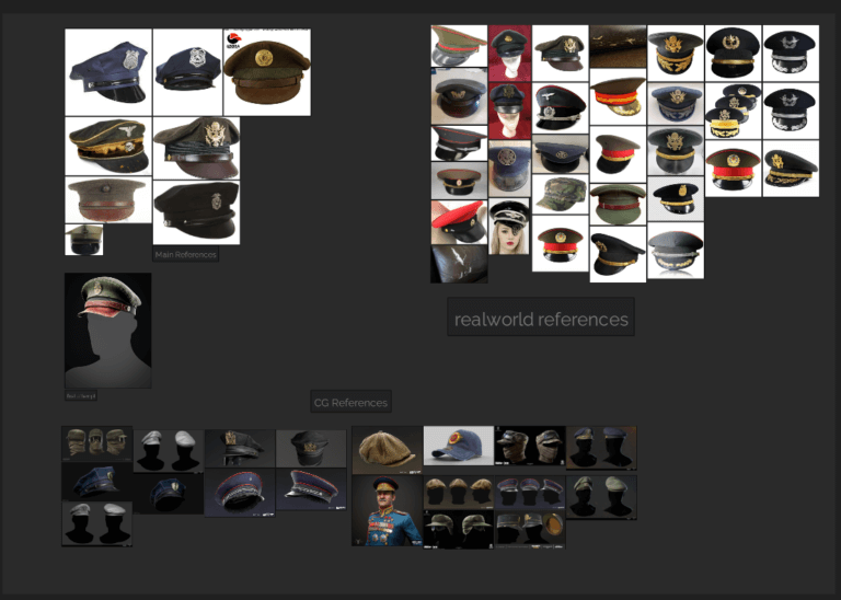 收集现实世界中不同风格的军帽参考，并加入一些 CG 帽子
